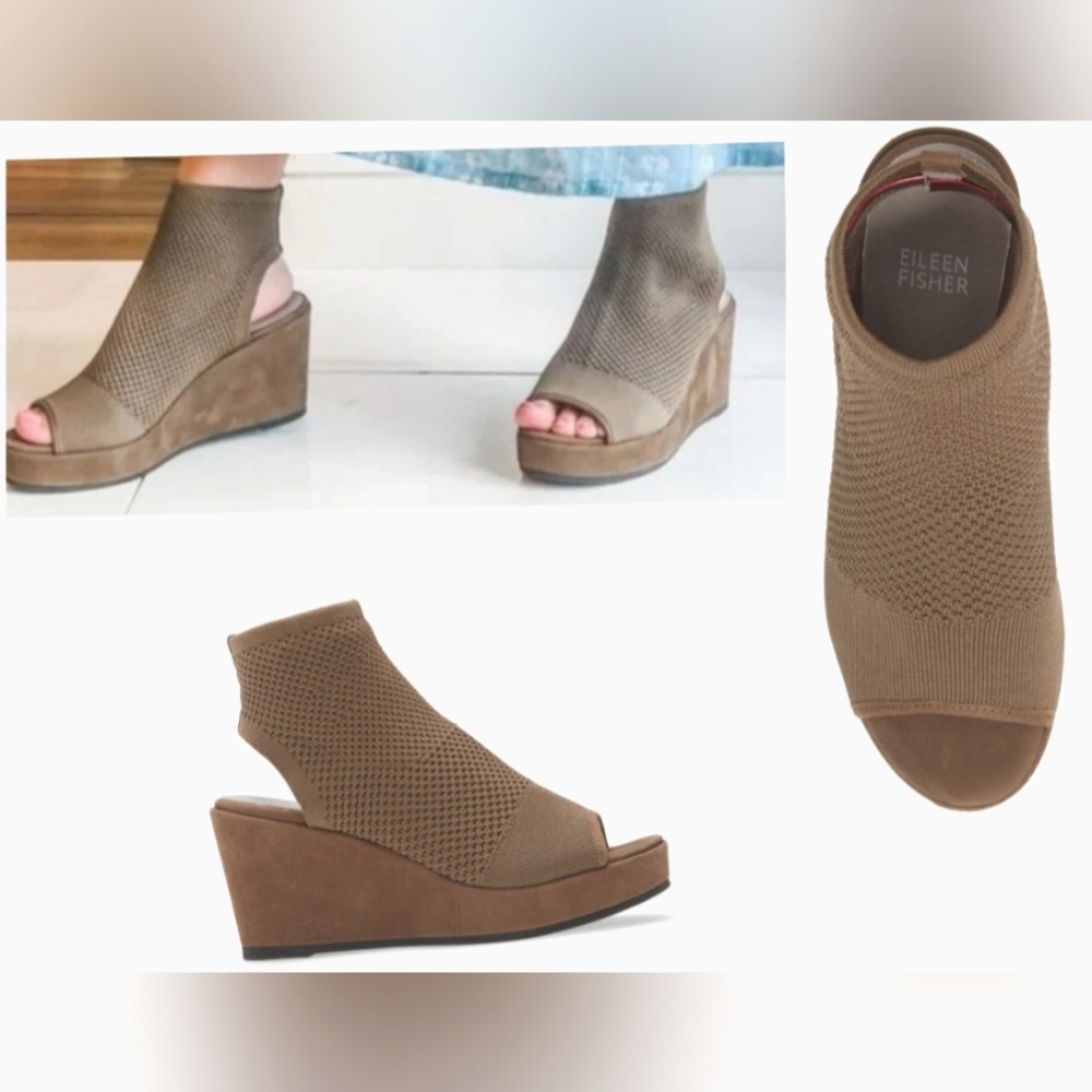 Eileen Fisher Warrick Knit Wedge Platform Sandals Olive Green Open Toe Bootie